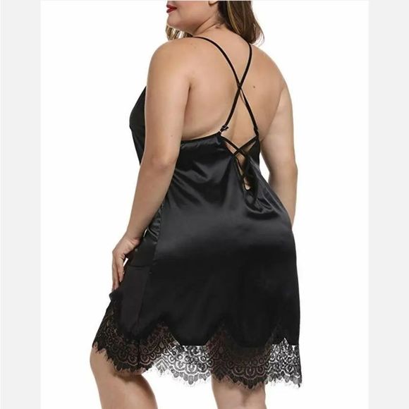 Women Plus Size Satin Chemise Babydoll Lace Trim Lingerie Full Slips Nightgown - Picture 3 of 5